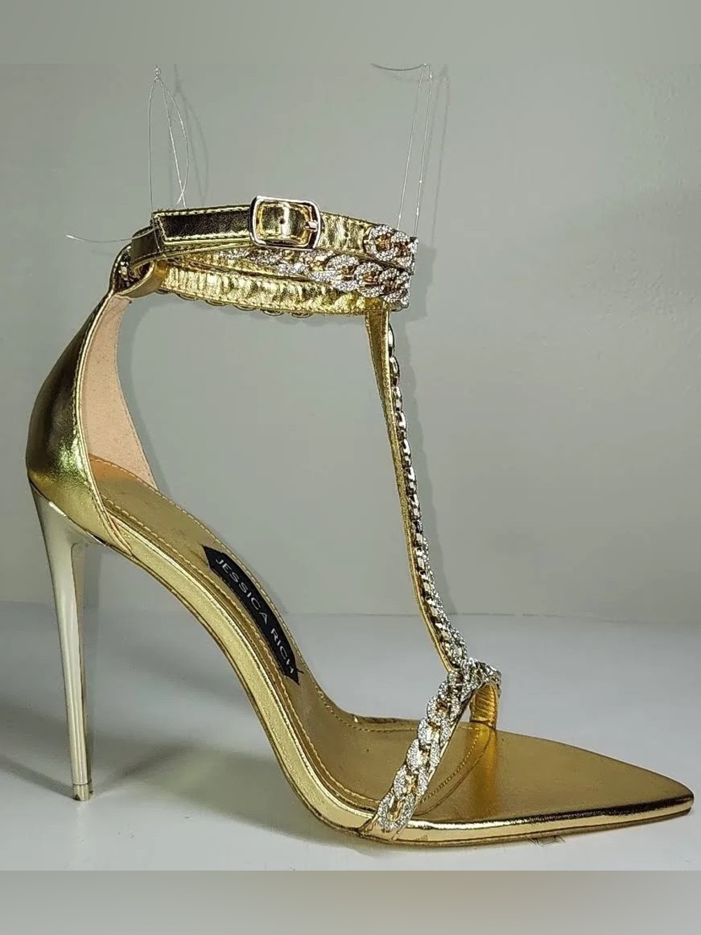 Metallic Gold Chain-Strap Stiletto Sandals - Women